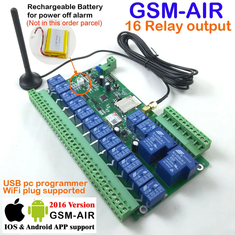 Free shipping Post airmail 1pcs 16ch Relay Real-Time GSM Remote Control board Rechargeable battery for power off alarm
Free shipping Post airmail 1pcs 16ch Relay Real-Time GSM Remote Control board Rechargeable battery for power off alarm