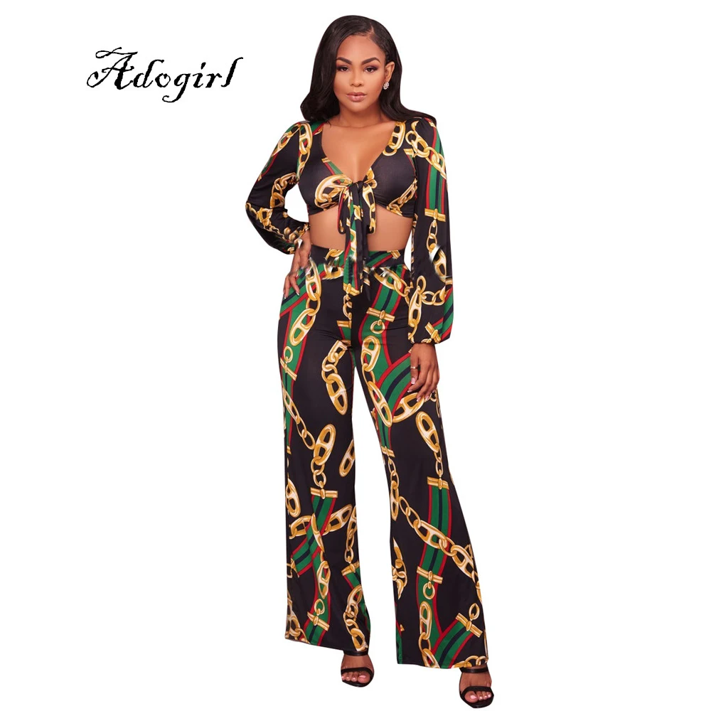 Gold Chain Print Women Set Sexy Bandage V Neck Short Crop Tops and Wide Legs Pants Two Pieces Set Elegant Vintage Suit Female
Gold Chain Print Women Set Sexy Bandage V Neck Short Crop Tops and Wide Legs Pants Two Pieces Set Elegant Vintage Suit Female
