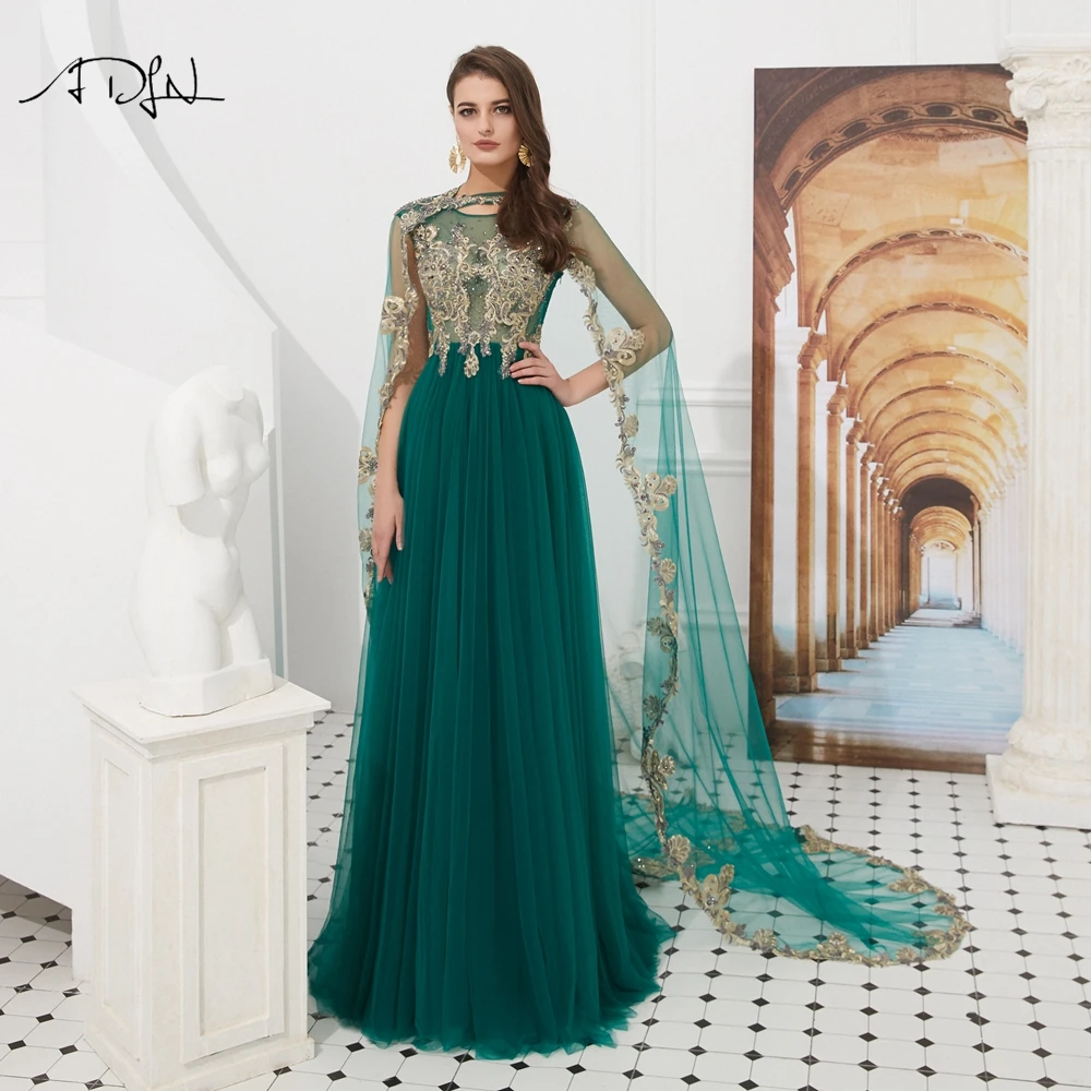 

ADLN Elegant Scoop A-line Emerald Evening Dresses with Cloak Sexy Illusion Bodice robe de soiree Champagne Long Party Gown