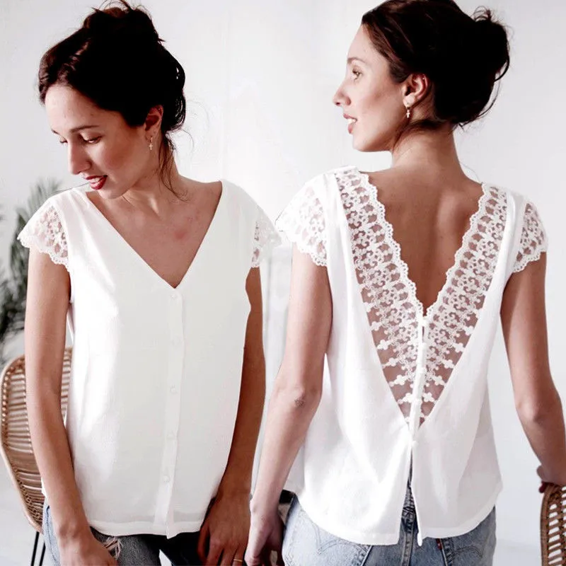 Sexy Backless Blouse Women Summer Clothes V-Neck Button Front Short Sleeve Lace Ladies Casual Loose Solid Shirts
Sexy Backless Blouse Women Summer Clothes V-Neck Button Front Short Sleeve Lace Ladies Casual Loose Solid Shirts