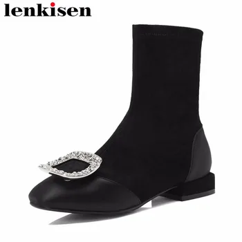 Lenkisen 2018 satin slip on crystals buckle ankle boots solid vintage square toe european style women square low heels shoes L66 
Lenkisen 2018 satin slip on crystals buckle ankle boots solid vintage square toe european style women square low heels shoes L66