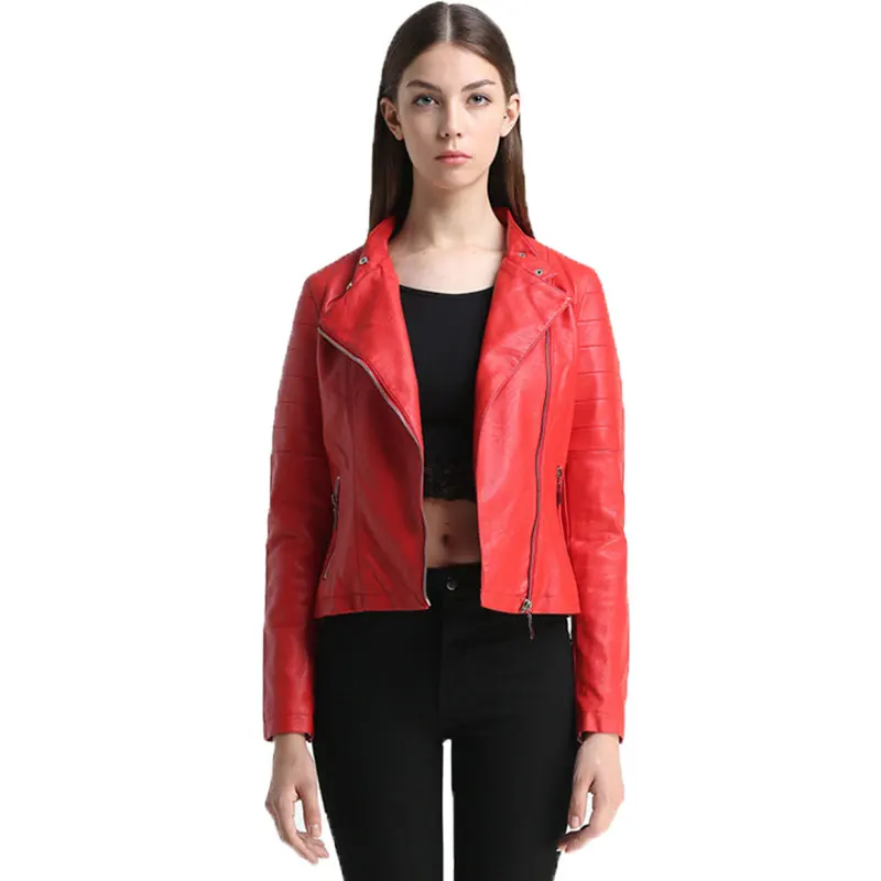 Image Pu Black Red Leather Jackets New Spring Autumn Casual Fashion Solid Color Slim Clothes Sleeve Female Short Design Motorcycle Jac