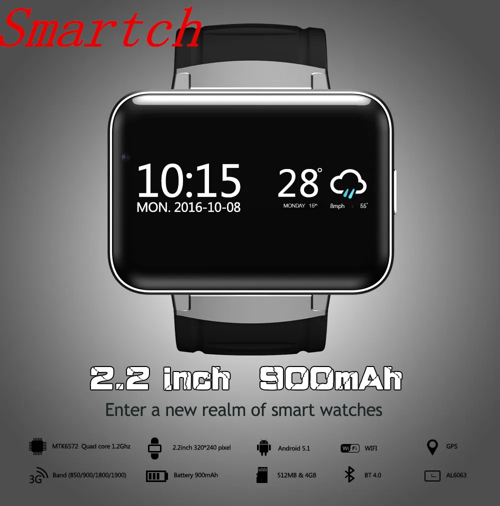 Фото Smartch 2017 Wifi Bluetooth часы Anroid 4 Смарт-часы DM98 2 дюймов светодиодный дисплей SIM карта