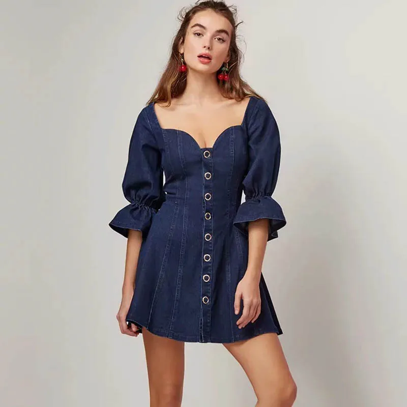 Women's Clothing Sexy Dress Denim Fabric Irregular Neckline Puff Sleeve Buttno Fresh and Sweet A-line Dress Comfortable Fabric
Women's Clothing Sexy Dress Denim Fabric Irregular Neckline Puff Sleeve Buttno Fresh and Sweet A-line Dress Comfortable Fabric