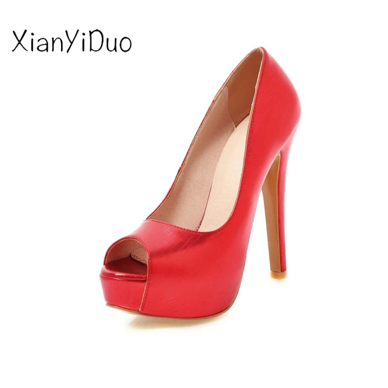 

Xianyiduo 2018 Spring/Autumn Women's Shoes peep toe super high heels sexy Platform Pumps big plus size34-48red wedding gold/Z-17