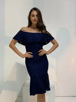 Summer Dress Women Sexy Off the Shoulder Thick Rayon Blue Bandage Dress Designer Trendy Fishtail Party Dress 
Summer Dress Women Sexy Off the Shoulder Thick Rayon Blue Bandage Dress Designer Trendy Fishtail Party Dress