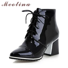 Meotina בלוק עקב גבוה קרסול מגפי נשים אופנה תחרה עד נקבה מגפי הבוהן מחודדת חורף סתיו נעלי אדום שחור לבן גודל 9 43(China)