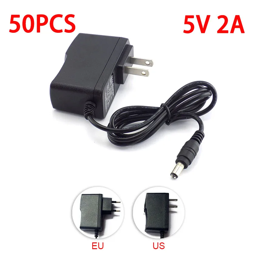 

50pcs Converter adapter AC to DC Power Adapter supply 100V-240V EU Plug DC 5V 2A 2000mA 5.5mm x 2.1mm for LED Strip light Switch