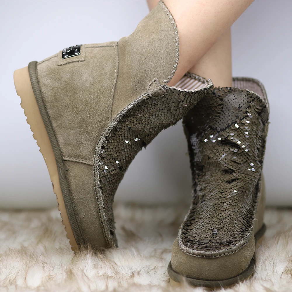 Shepherd's lofe Summer and Spring 100% Genuine Cow suede Leather Inner Wedge Short Boots With Front Sequin
Shepherd's lofe Summer and Spring 100% Genuine Cow suede Leather Inner Wedge Short Boots With Front Sequin