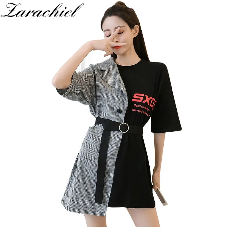 Brand Plaid Fake Two Pieces T-Shirts Women Fashion Patchwork Letter Print Top Tee Summer Streetwear Asymmetric Shirt With Belt
Brand Plaid Fake Two Pieces T-Shirts Women Fashion Patchwork Letter Print Top Tee Summer Streetwear Asymmetric Shirt With Belt