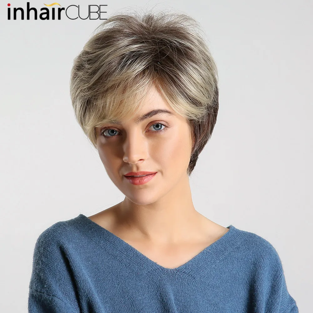 

Inhaircube Shoulder Synthetic Inclined Bangs Women Fluffy Natural Wig Light Brown Short Straight Hair Bob Glueless Party Wig