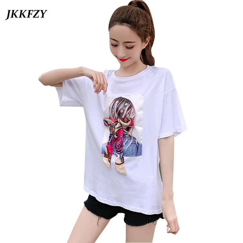 2019 Summer Ladies Casual T-Shirt White Black Short Sleeve O-Neck Loose Cotton T-Shirt Personality Printing Bow Decoration Tops
2019 Summer Ladies Casual T-Shirt White Black Short Sleeve O-Neck Loose Cotton T-Shirt Personality Printing Bow Decoration Tops