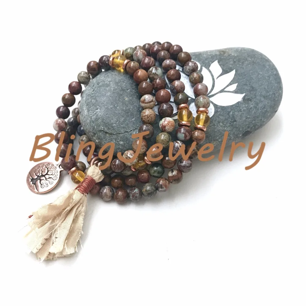 N17082544 Stretch Mala Beads, Brown & Green African Opal Mala Beads Mala To Wrap Around WristSari Silk Tassel (3)