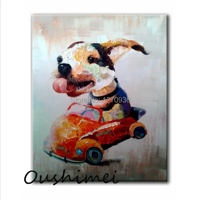 

Top Artist High Quality Handmade Modern Abstract Wall Artwork Hand-painted Funny Animal Dog Drive Car Knife Canvas Oil Painting