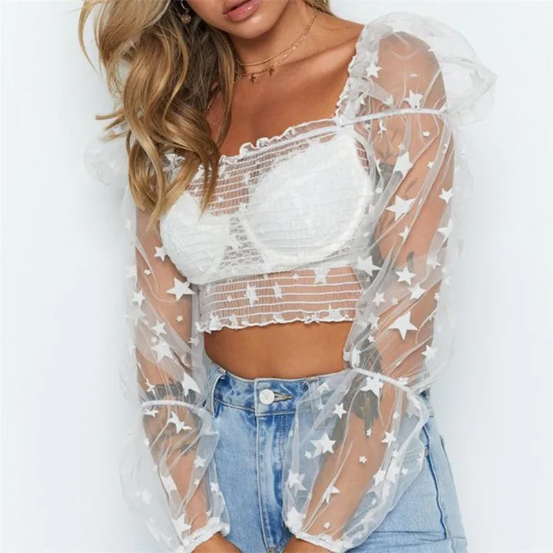 Women's Long Sleeves T-shirt New Dot Star Printed Sheer Mesh Tops Wear Square Collar See-through Short Backless T-shirts Summer
Women's Long Sleeves T-shirt New Dot Star Printed Sheer Mesh Tops Wear Square Collar See-through Short Backless T-shirts Summer