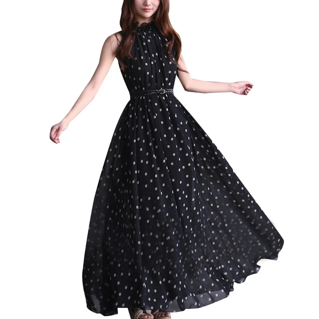 Women Boho Dress Polka Dot Prints Sleeveless Evening Party Dress Loose Sashes Higth Waist Stand Neck Summer Long Dress
Women Boho Dress Polka Dot Prints Sleeveless Evening Party Dress Loose Sashes Higth Waist Stand Neck Summer Long Dress