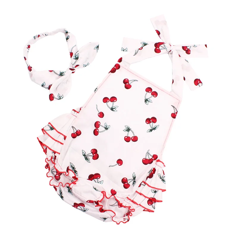 Baby Girl Rompers Set Toddler Cotton Ruffled Romper and Headband Mango Cherry Vintage Children Sunsuit Baby Shower Gift (8)