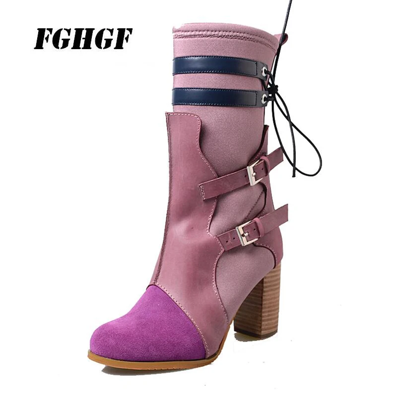 Autumn and winter handmade shoes leather belt buckles thick high heel spell color stretch cloth thin leg socks boots short boots
Autumn and winter handmade shoes leather belt buckles thick high heel spell color stretch cloth thin leg socks boots short boots