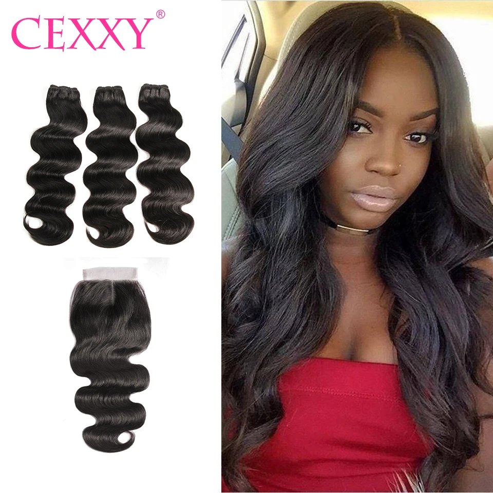 

CEXXY Hair Body Wave Raw Indian Virgin Hair Bundles With Closure Hair Weave Bundles Middle Part Lace Closure Free Shipping