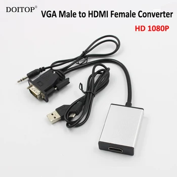 DOITOP VGA Male To HDMI Female HD Video Converter Adapter 1080P for PC DVD HDTV Laptop Tablet Notebook+USB Power Audio Cable