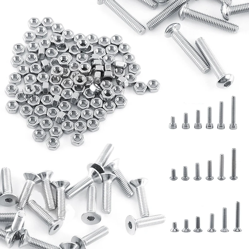 250pc/set A2 Stainless Steel M3 Cap/Button/Flat Head Screws Sets Hex Socket Bolt With Hex Nuts Assortment Kit Mayitr