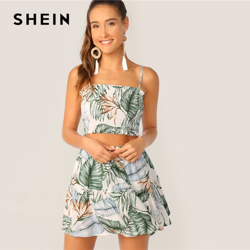 

SHEIN Tropical Shirred Cami Top And Flippy Skirt Set Boho Ruffle Hem Two Piece Set Women Summer Sleeveless Two Piece Outfits