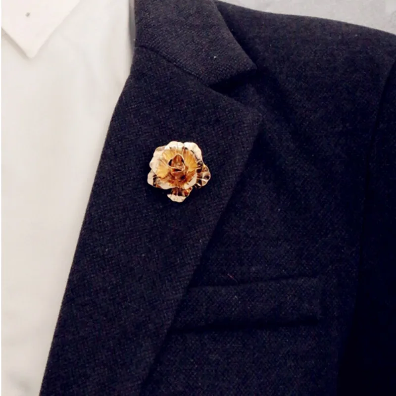 Image 18K Gold Plated Rose Flower Brooch Men suit collar Accessories Classic Lapel Pins for Men s Suit Wedding Party button Pin