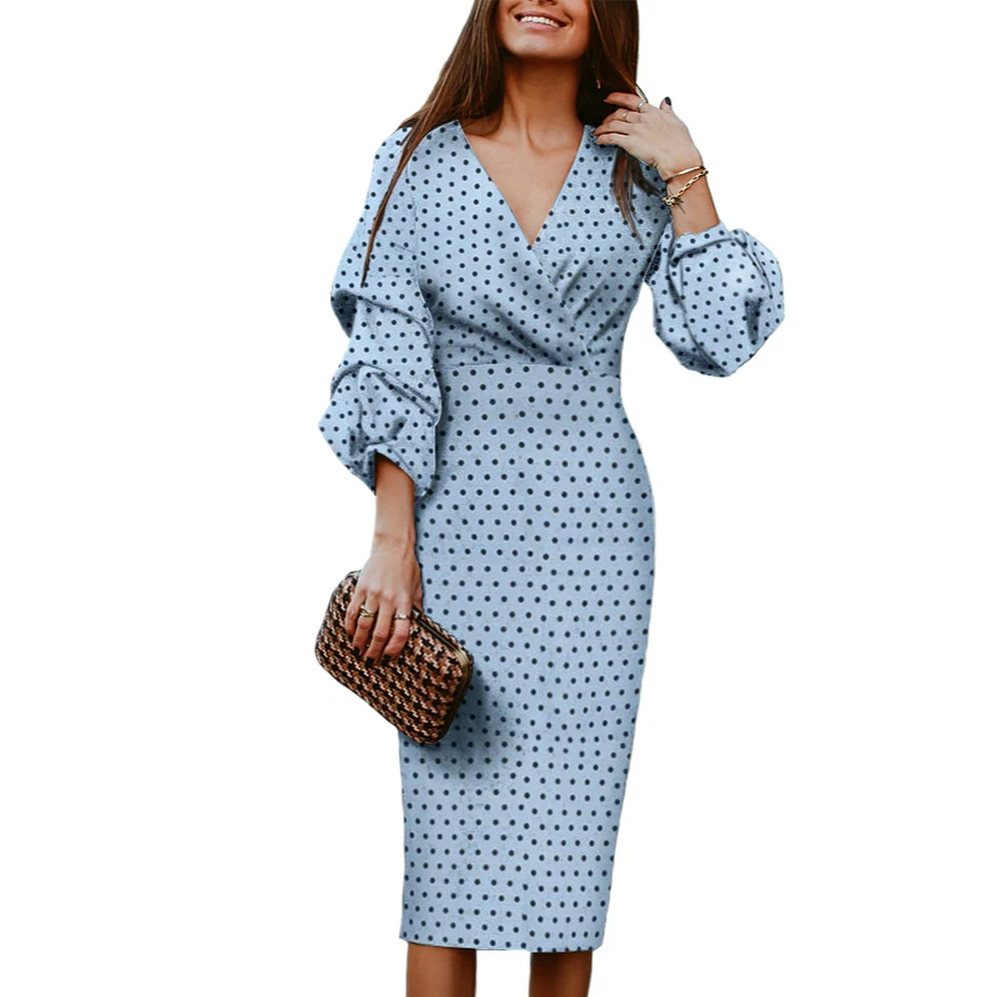 Women's Polka Dots Slim Draped Dress V Neck 3/4 Lantern Sleeve Blue Sheath Pencil Dresses Vestidos Female
Women's Polka Dots Slim Draped Dress V Neck 3/4 Lantern Sleeve Blue Sheath Pencil Dresses Vestidos Female