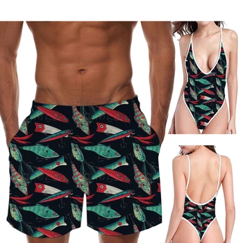 

INSTANTARTS Fishing Bait Pattern Couples Swimming Suits Woman Summer Sexy High Cut Monokini Men Beach Bord Shorts Swimming Trunk