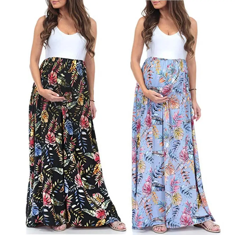 

2019Women's Straight Polyester Sleeveless Maternity Pregnancy clothes dress Ruched Color Block Maxi Splicing Dress ropa de mujer