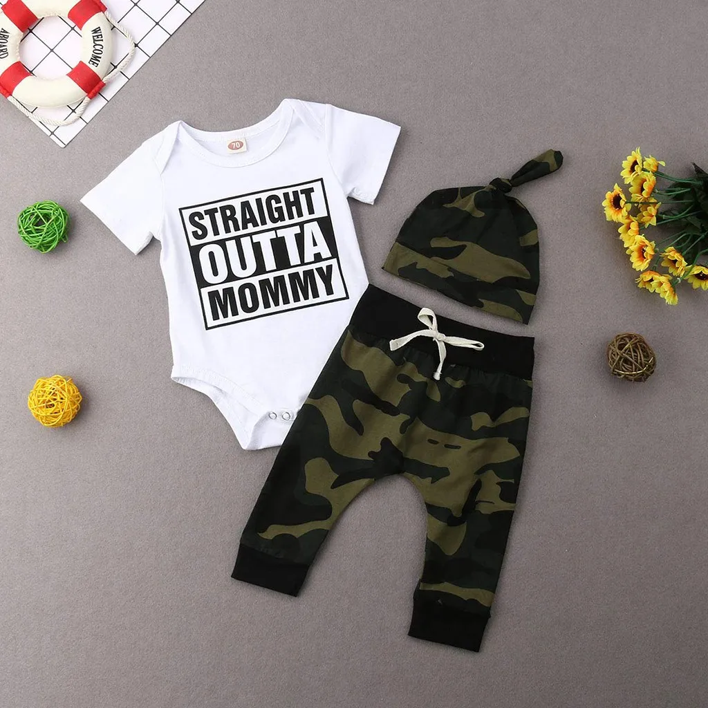 Spring Summer Newborn Baby Boys Clothes Short sleeve Letter Romper Tops+Camouflage Pants+Hat Infant Clothing Toddler 3Pcs Set
Spring Summer Newborn Baby Boys Clothes Short sleeve Letter Romper Tops+Camouflage Pants+Hat Infant Clothing Toddler 3Pcs Set