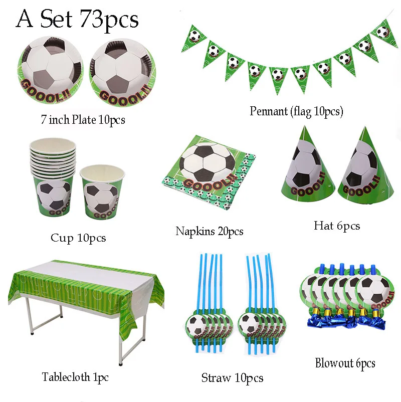 73pcs Football Theme Party Baby Shower Kids Boys Favors Plates Cups Hat Napkins Birthday Party Decor Soccer tableware supplies
73pcs Football Theme Party Baby Shower Kids Boys Favors Plates Cups Hat Napkins Birthday Party Decor Soccer tableware supplies