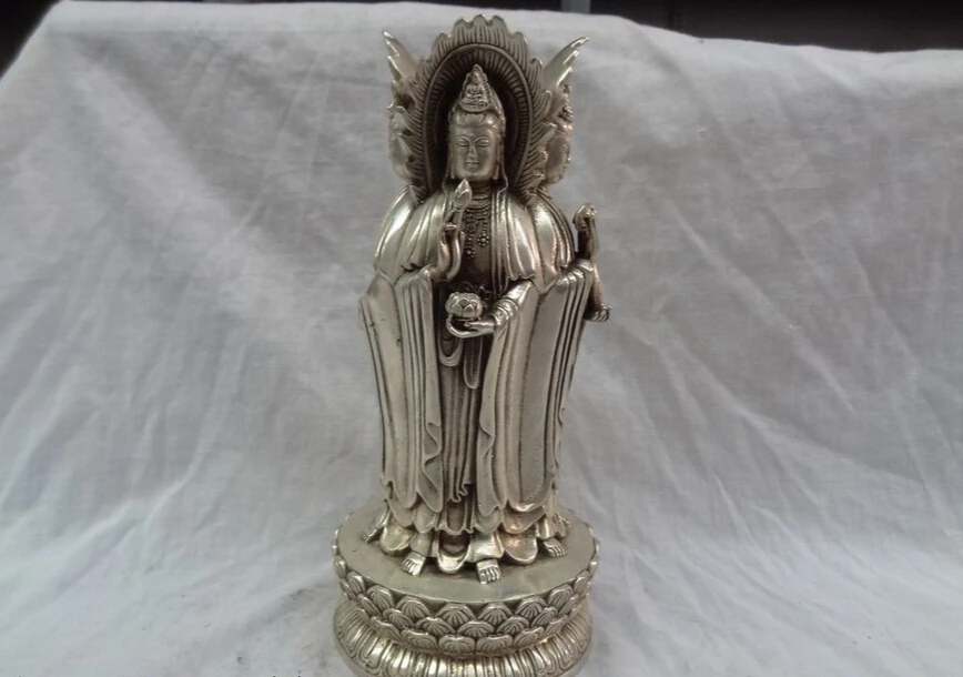 

song voge gem S5511 9"Chinese Silver Buddhist 4 Face Lotus Kwan-Yin GuanYin Pot Buddha Bronze Statue