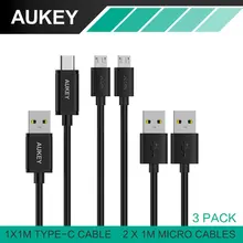 AUKEY (3-pack) USB 2.0 Cable,1x1m Type-C cable + 2×0.3m Micro USB Cable for Phone LG G5 Samsung Xiaomi &More Android Smartphones