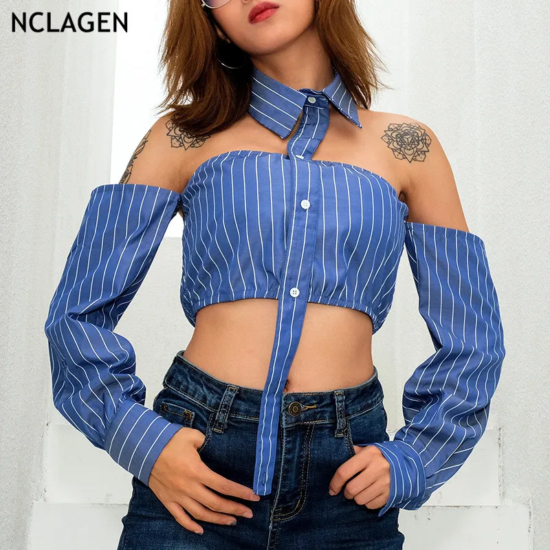 NCLAGEN 2018 New Women Off Shoulder Striped Clothing Turn Down Collar Blouse Sexy Navel Bare Crop Tops Shirt Camisa Feminina
NCLAGEN 2018 New Women Off Shoulder Striped Clothing Turn Down Collar Blouse Sexy Navel Bare Crop Tops Shirt Camisa Feminina