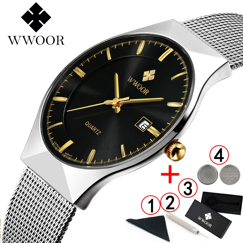 Часы наручные WWOOR мужские ультратонкие брендовые Роскошные модные спортивные
