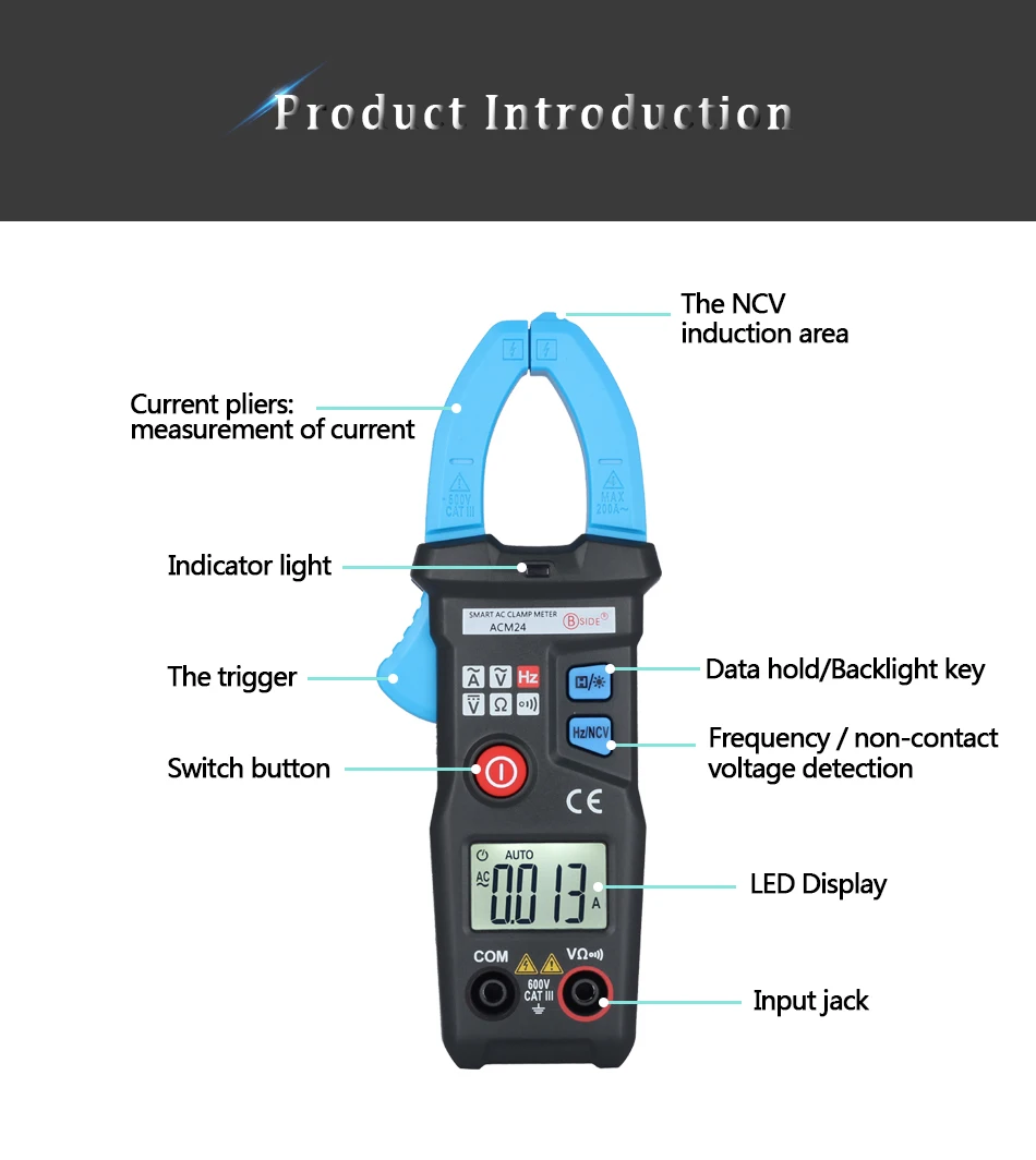 BSIDE ACM24 Smart AC Digital Clamp Meter 6000 Counts with Frequency USA 