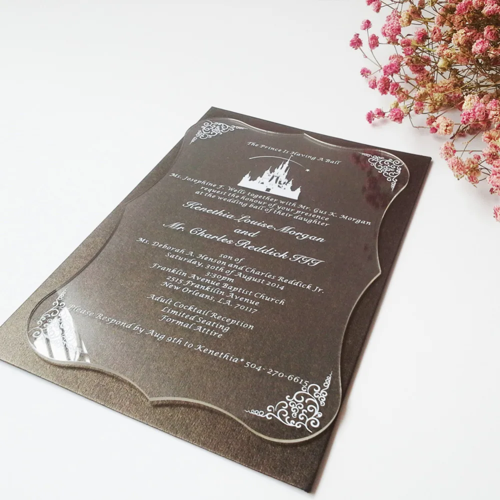 Image Sample of Clear acrylic wedding invitation card scroll shape silk screen letters