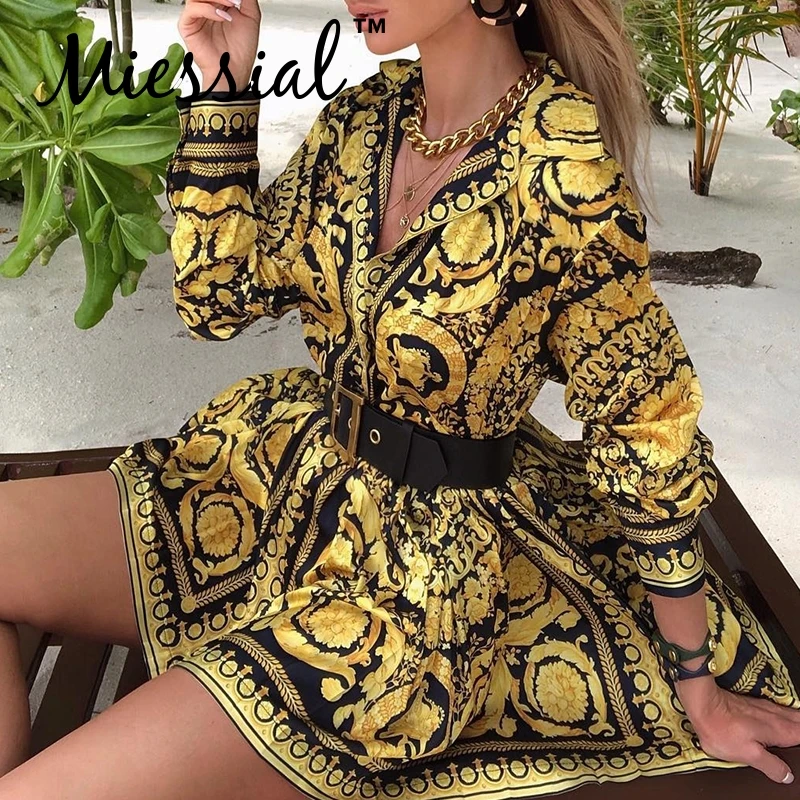 Miessial Gold paisley print vintage mini dress Women winter long sleeve elegant shirt dress Female autumn sexy party club dress
Miessial Gold paisley print vintage mini dress Women winter long sleeve elegant shirt dress Female autumn sexy party club dress