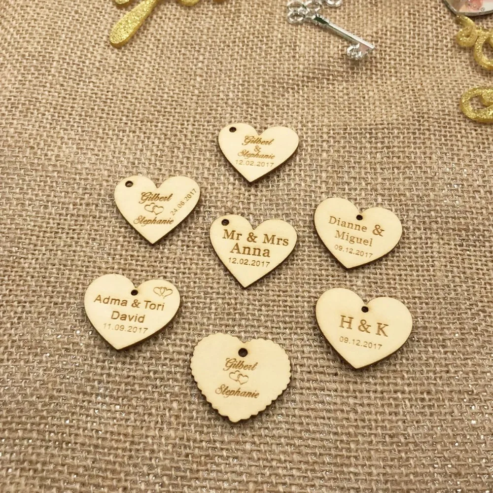 Personalized custom Engraved wedding name and date Love Heart wooden Wedding Gift Table Decoration Favors Customized Candy Tags1