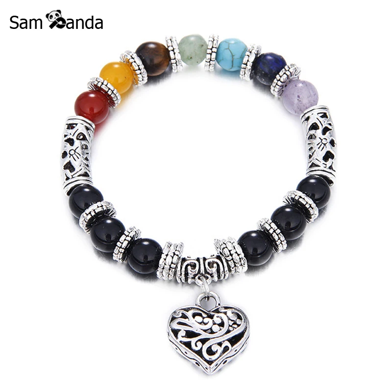 

7 Chakra Men/Women Bracelets Bangles Colors Mixed Healing New 2017 Crystals Stone Chakra Pray Mala Heart Charm Mens Bracelet