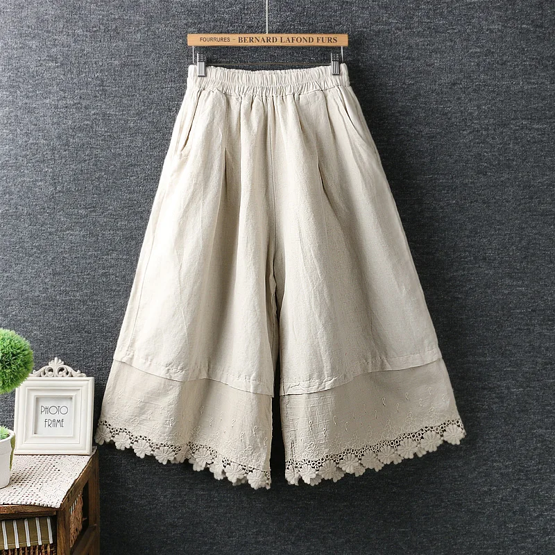 

Lady Summer Wear Mori Girl Elastic Waist Lace Crochet Wide Leg Pants Calf-length Cotton Trousers Hippie Boho Women Capris Pants