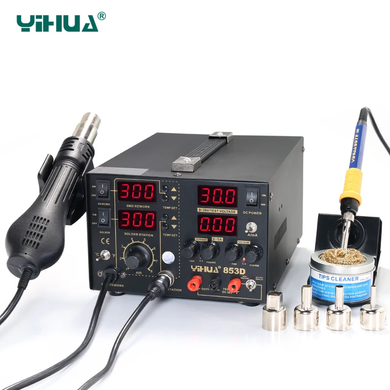 YIHUA 853D 5A Hot Air Gun Rework Station 5A DC Power Supply 3 In 1 Functions Rework Soldering Iron Station
YIHUA 853D 5A Hot Air Gun Rework Station 5A DC Power Supply 3 In 1 Functions Rework Soldering Iron Station