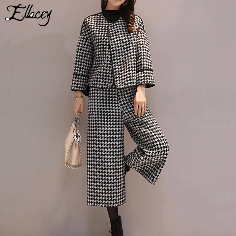 Ellacey Autumn Winter Woolen Coats Women's Business Pants Suits Houndstooth Plaid Suits For Women Wide Leg Pants 2 Pieces Set
Ellacey Autumn Winter Woolen Coats Women's Business Pants Suits Houndstooth Plaid Suits For Women Wide Leg Pants 2 Pieces Set