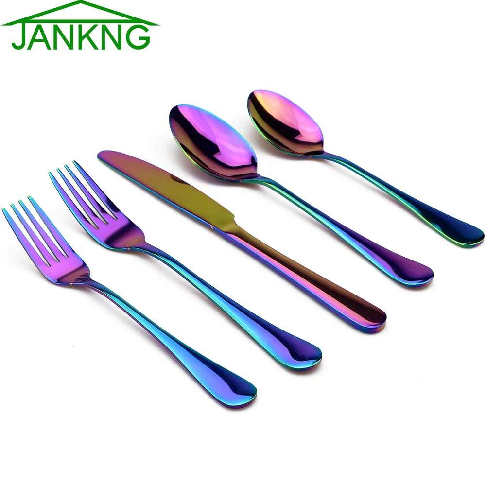 JANKNG 5Pcs/Set Cutlery Set Multicolor Rainbow Cutlery set Black Stainless Steel Dinnerware Set Table Knife Fork Service For 1
JANKNG 5Pcs/Set Cutlery Set Multicolor Rainbow Cutlery set Black Stainless Steel Dinnerware Set Table Knife Fork Service For 1