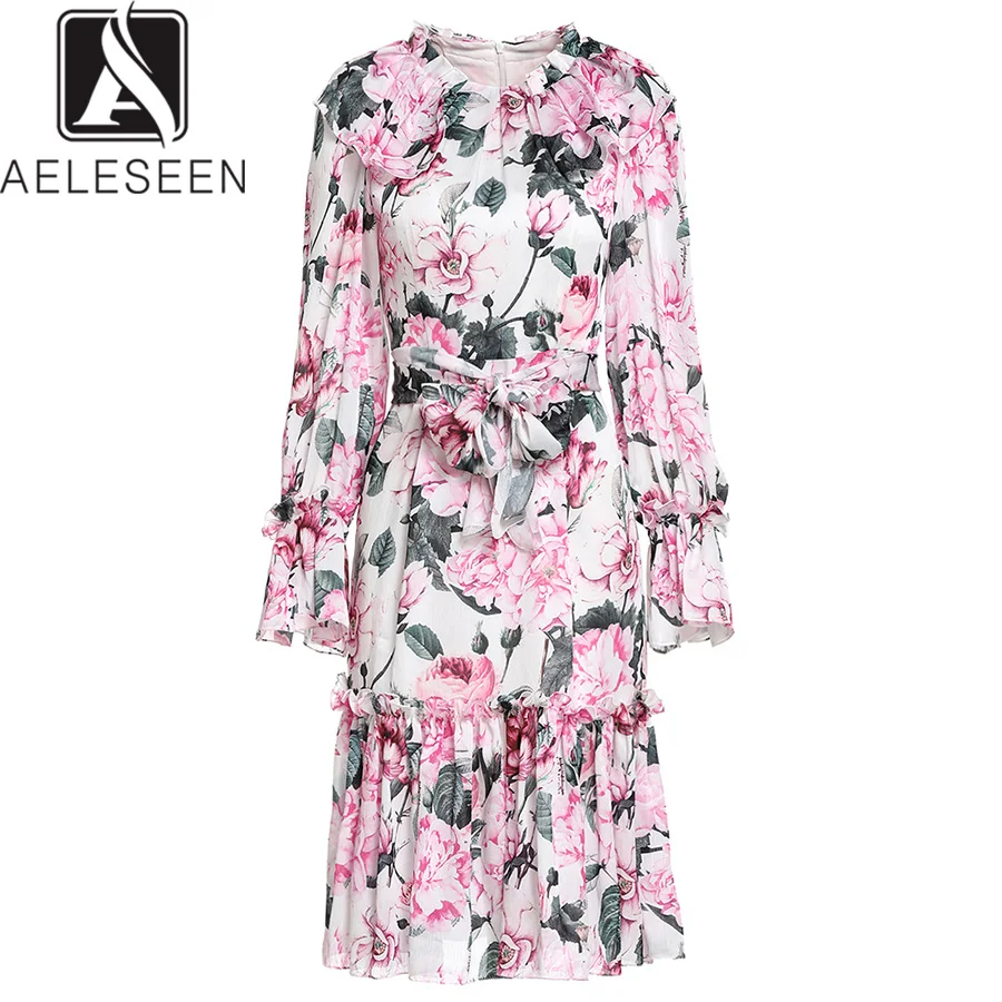 

AELESEEN Peony Printed Summer Dress Luxury Runway 2019 High Quality Fashion Flare Sleeve Flower Ruffles Belt Elegant Dress