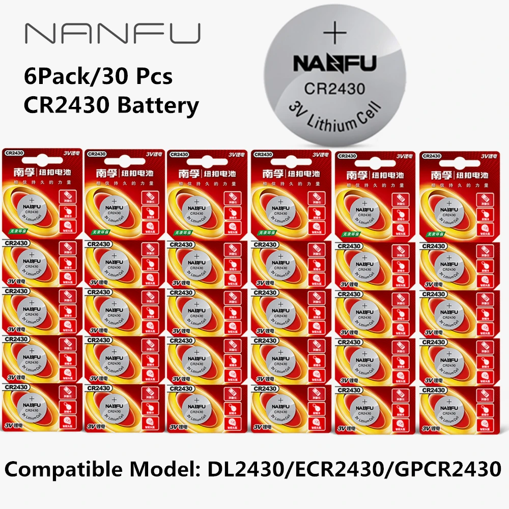NANFU 6 Pack/30 Pcs 3V Button Battery CR2430 DL2430 ECR2430 GPCR2430 Cell Coin Lithium Li-ion Batteries 24mm*3.0mm
NANFU 6 Pack/30 Pcs 3V Button Battery CR2430 DL2430 ECR2430 GPCR2430 Cell Coin Lithium Li-ion Batteries 24mm*3.0mm