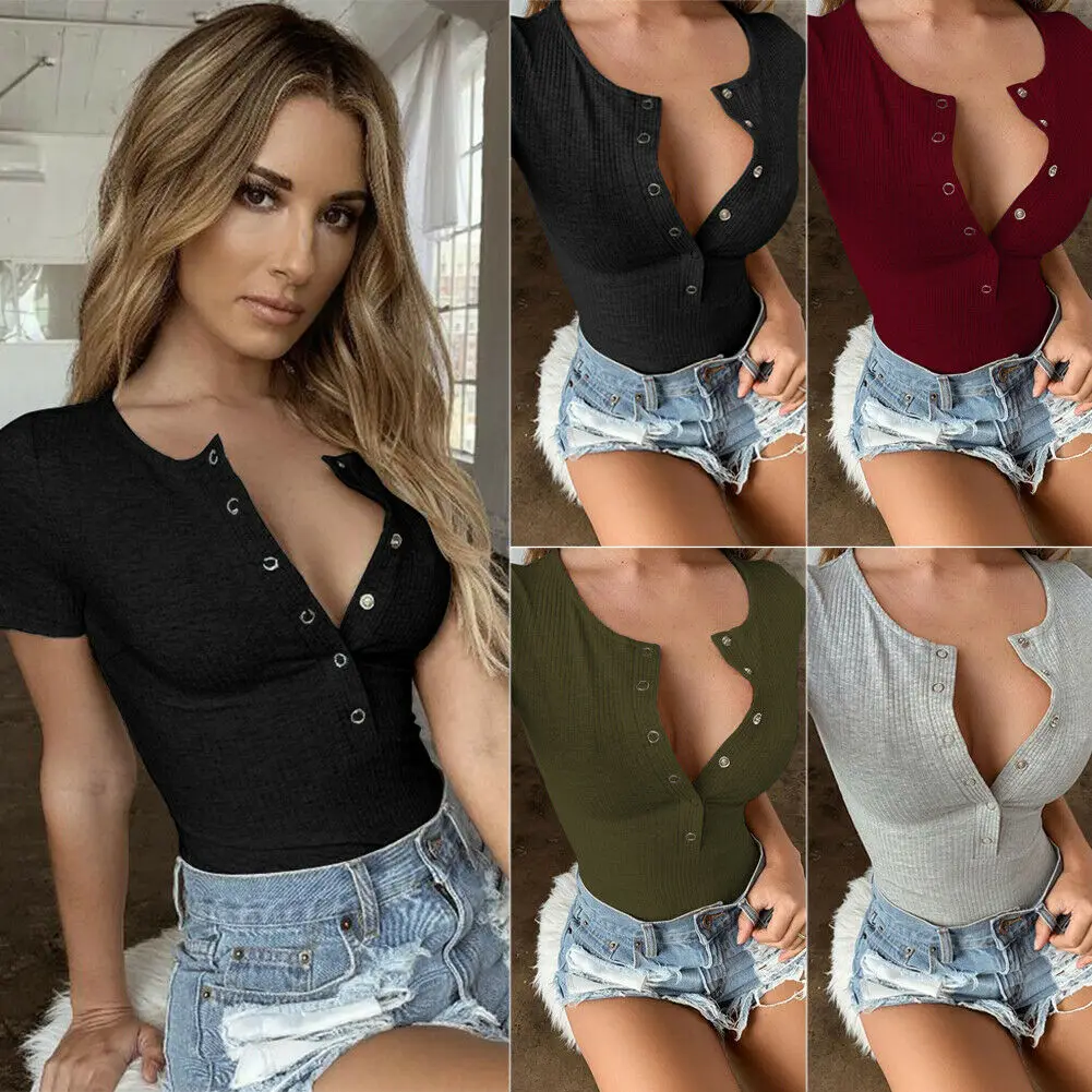Women Sexy Deep V-neck Basic Solid Button Short Sleeve Bodysuit Jumpsuit Party Plain Romper Tops
Women Sexy Deep V-neck Basic Solid Button Short Sleeve Bodysuit Jumpsuit Party Plain Romper Tops