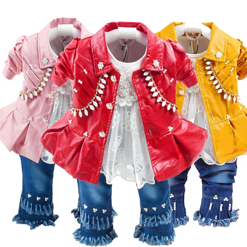 6m-3Years Spring Autumn Baby Girls Clothing Set 3pcs Long Sleeve White Cotton T Shirt Pu Leather Jacket Coat and Denim Jeans
6m-3Years Spring Autumn Baby Girls Clothing Set 3pcs Long Sleeve White Cotton T Shirt Pu Leather Jacket Coat and Denim Jeans