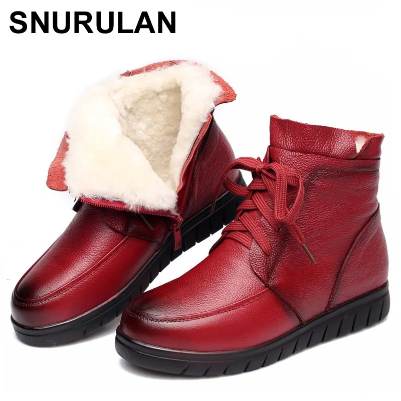 Фото SNURULAN2018 Women Snow Boots Vintage Genuine Leather Natural Wool Fur Winter Warm Ankle For Flat Mother ShoesE022 | Обувь